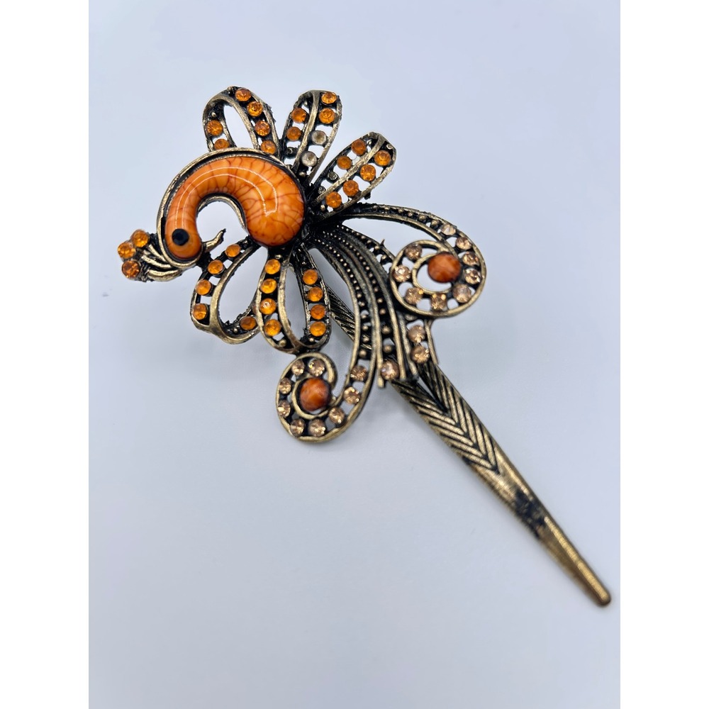 Peacock Hair Clip Women OS Orange Good Rhinestone Bronze Tone Filigree